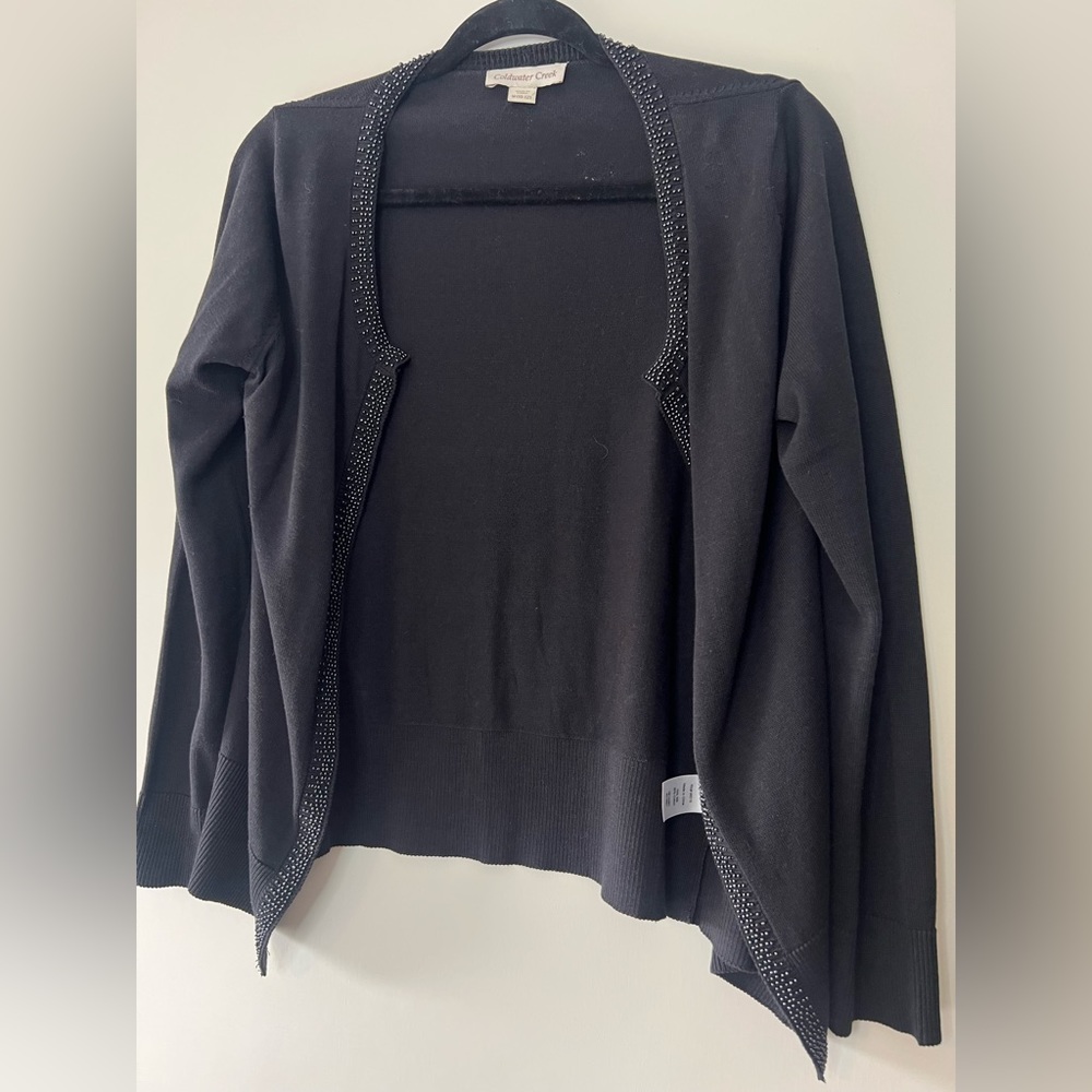 Coldwater Creek Sweater Women's Medium Black‎ Beaded Open Cardigan Silk Blend